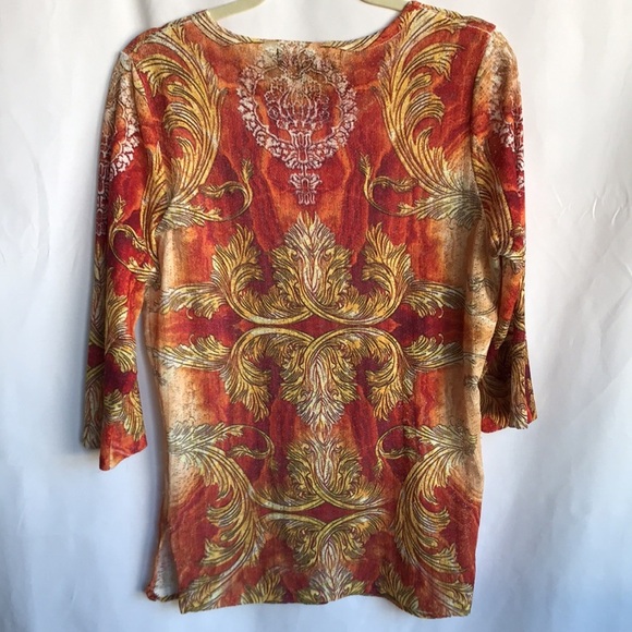 Peck & Peck lightweight yellow, orange, and white 3/4-sleeve stretchy tunic, L - Picture 4 of 6